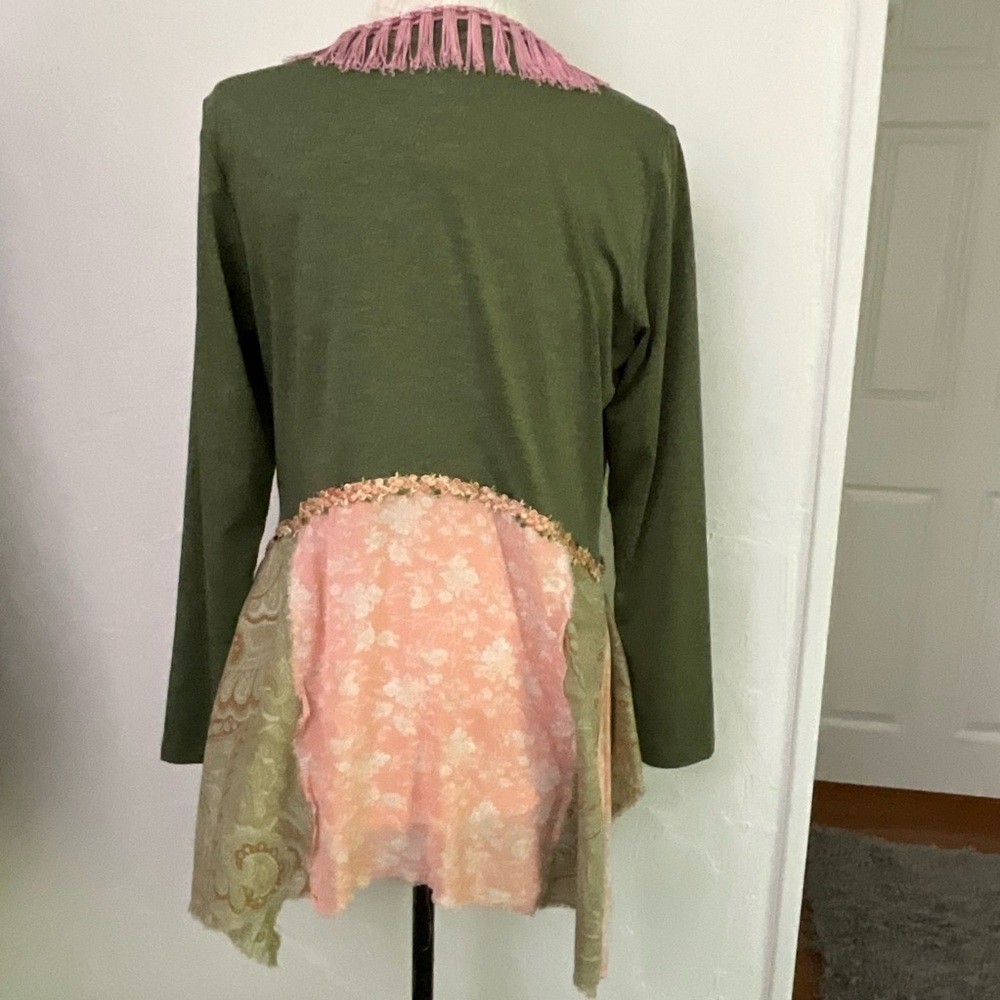 Mixed Media Patchwork Boho Tunic Top or Dress Olive Green Pink Floral Large - Picture 3 of 10